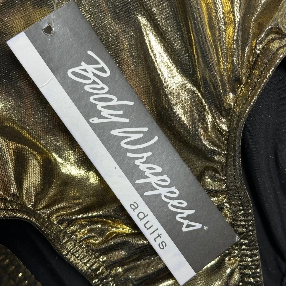 Body Wrappers Metallic Gold Long Sleeve Mock Neck Leotard adult XS NWT‎